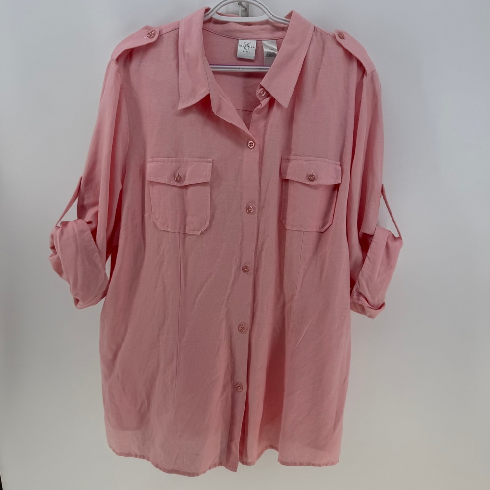 Emma James Button Down Shirt Women 22W Pink Linen Blend Roll Tab Safari Coastal